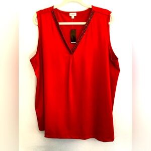 Avenue Women's Red Beaded V-Neck Short Sleeve Blouse Size 22/24 NWT